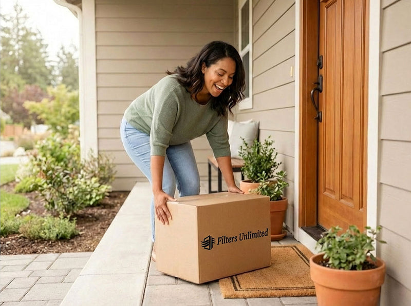 Happy customer picking up Filters Unlimited delivery at her front door