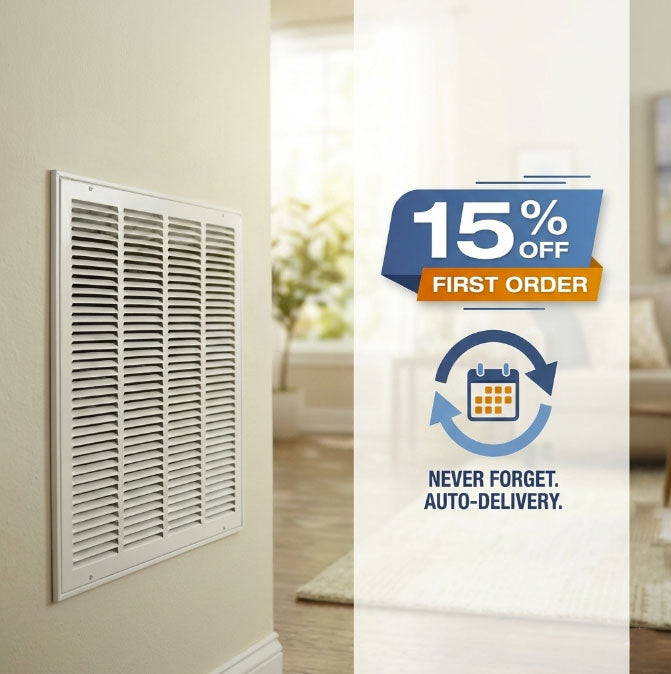 Vent on a wall with promotional text overlay for a discount offer.